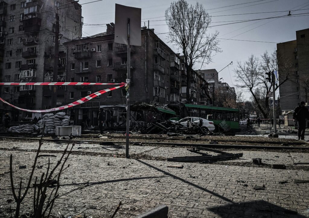 A devastated street in Kyiv showcasing war damage and destruction.