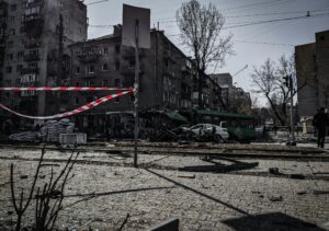 A devastated street in Kyiv showcasing war damage and destruction.